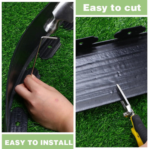 Close-up of 6 Inch Tall Landscape Plastic Edging Kit With 66 Ft Length And Hammer Spikes for installation and cutting demonstration.