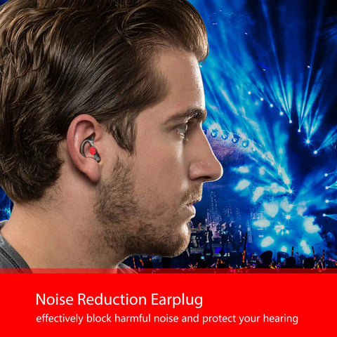 Person wearing noise reduction earplug with blue lights in the background at a concert.