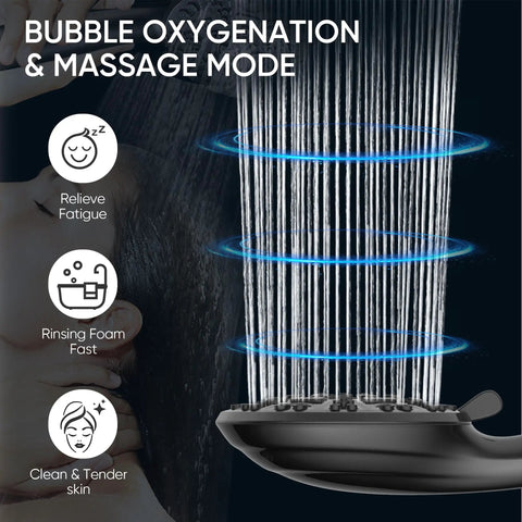 8 Setting Handheld Shower Head Set With Detachable Heads 5 Ft Stainless Steel Hose Brass Swivel Bracket Matte Black Spa Like Rainfall To Massage Sprays For The Whole Fam demonstrating bubble oxygenation and massage mode.