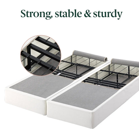 Dead Simple 9 Inch Box Spring With Built Tough Steel Core And Pristine White Cover Ultimate Mattress Foundation For Split California King Beds That Opens In A Flash, showing steel core and white cover.