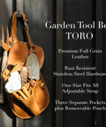 Durable Leather Garden Tool Belt For Women hanging on wall with pruners, trowel, and fork, showcasing adjustable brown leather design.