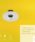 Trimless 3.5 Inch Round LED Recessed Downlight Luminaire, Dimmable, 12W, 1100 Lumens displayed on yellow background