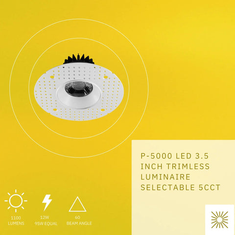 Trimless 3.5 Inch Round LED Recessed Downlight Luminaire, Dimmable, 12W, 1100 Lumens displayed on yellow background