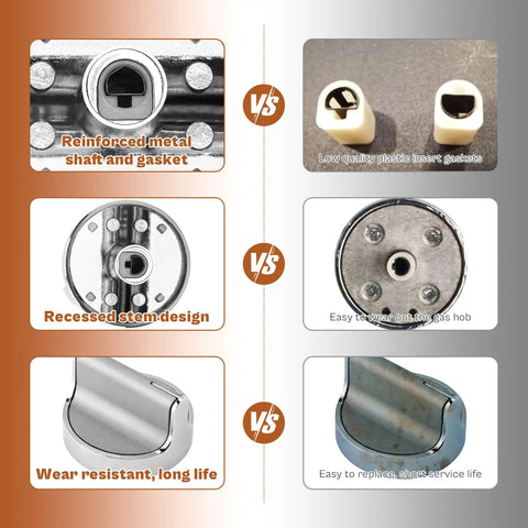 Comparison of stainless steel gas range stove knobs replacement set with various features highlighted against alternatives for Whirlpool cooktop ovens WCG97US0DS00 WCG97US6DS00 direct replacement knobs replaces WPW10594481 3281332 PS11756644 easy install no brainer DIY friendly 2 inch diameter shaft