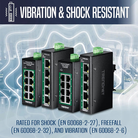 Industrial 5 Port Gigabit PoE Plus DIN Rail Mini Switch, stack of four in shock-resistant display, NDAA and TAA compliant