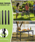 Upgraded Folding Grill Table For Outdoor BBQs Metal Portable Camping Table With Three Height Settings shown with extension legs