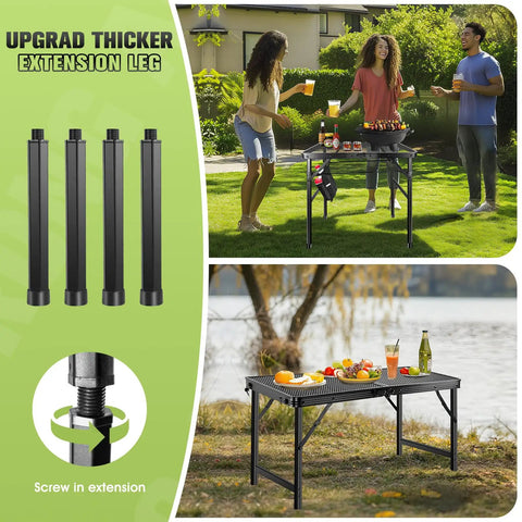 Upgraded Folding Grill Table For Outdoor BBQs Metal Portable Camping Table With Three Height Settings shown with extension legs