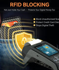 Slim RFID Blocking Leather Wallet For Men Front Pocket Card Holder With Carbon Fiber Look shown in use with RFID reader