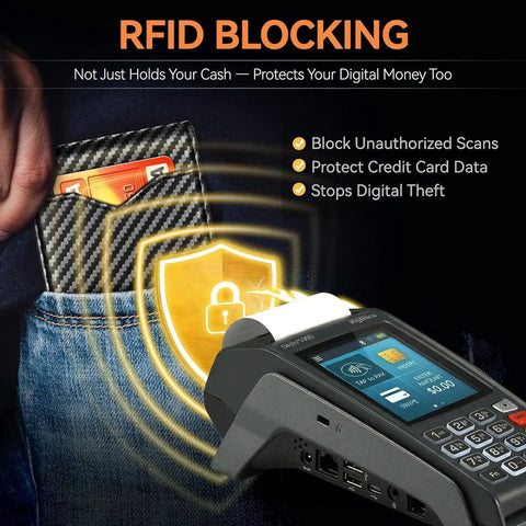 Slim RFID Blocking Leather Wallet For Men Front Pocket Card Holder With Carbon Fiber Look shown in use with RFID reader