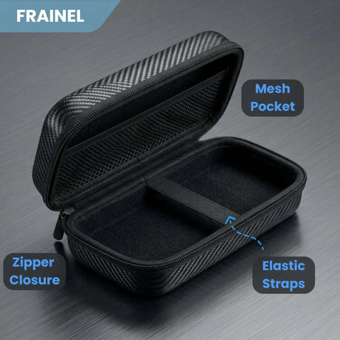Kickass Carbon Fiber Texture Shockproof Sleeve For 3.5 Inch Hard Drives And M.2 SSDs with mesh pocket and zipper closure.