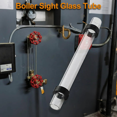 8 Inch Steam Boiler Sight Glass Tube With Clear Water Level Gauge Five Eighths Inch Outer Diameter And Three Eighths Inch Inner Diameter Includes Two High Temp Rubber Washers For A No Nonsense Leak-Proof Brass Fittings And Reliable Level Reading next to boiler