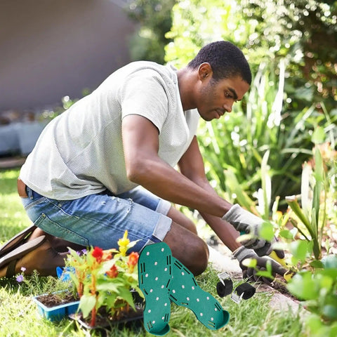 Man gardening with Garden Aerator Shoes With Adjustable Straps And Non Slip Spikes For Lawn Aeration And Yard Soil Health No Brainer