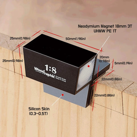 Heavy Duty Aluminum Dovetail Saw Guide With One To Eight Hardwood Angle and Knockout Magnetic Layout Tool on wood, showing dimensions and details.