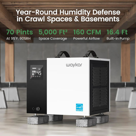 Serious 70 Pint Commercial Dehumidifier With Built In Pump And Drain Hose For Crawl Spaces And Large Basements Up To 5000 Sq Ft Energy Star Certified in a basement setting.