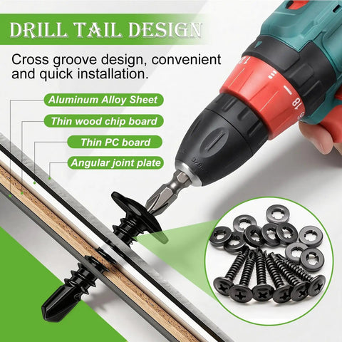 Cordless drill using 410 Stainless Steel Self Tapping Screws For Metal Kit 230 Pieces With 115 Screws And 115 Washers, detail view