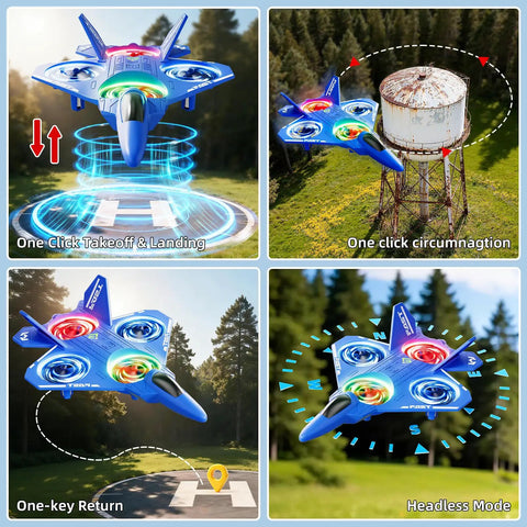 Kid Friendly RC Airplane Drone with One Key Takeoff, Landing, and Headless Mode showcasing 360 Flips and Auto Hover features outdoors.
