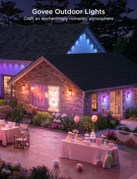 Next Level Outdoor Wall Lights Two Pack Smart RGBIC Porch Fixtures Hella Bright Waterproof Patio Bulbs App Controlled landscaping in an evening setting.