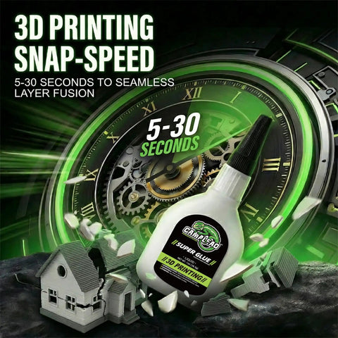 Fast Grab Super Glue For 3D Printing And DIY Projects, 1oz Plus 1g Kit shown with a clock backdrop and 3D printed models