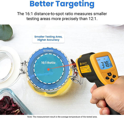 Infrared Temperature Gun With 16 To 1 Distance To Spot Ratio Non Contact Laser Thermometer -58℉ To 1382℉ Digital IR Tool targeting jar
