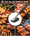Heavy Duty Grill Brush And Scraper With 18 Inch Adjustable Handle For Outdoor Gas And Charcoal Grills Bottle Opener Included No Mess Cleanup Extra Strong Grill Cleaner For Grates And Racks shown with grilled meats