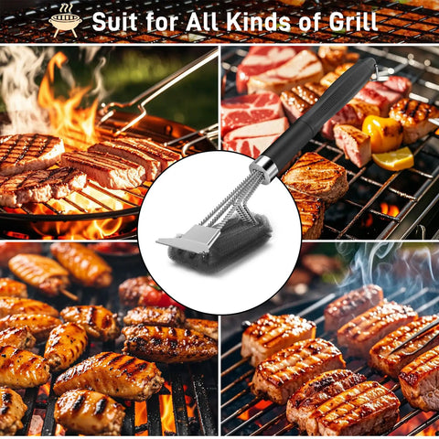 Heavy Duty Grill Brush And Scraper With 18 Inch Adjustable Handle For Outdoor Gas And Charcoal Grills Bottle Opener Included No Mess Cleanup Extra Strong Grill Cleaner For Grates And Racks shown with grilled meats