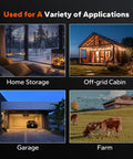 Collage of home storage, off-grid cabin, garage, and farm uses for 5000W Solar Inverter Charger Workhorse For Home Backup And Off Grid Power 48V DC To 120V AC Pure Sine Wave Parallel Split Phase For 240V Built In 100A MPPT Solar Charger Controller All In One 48V Hybrid System