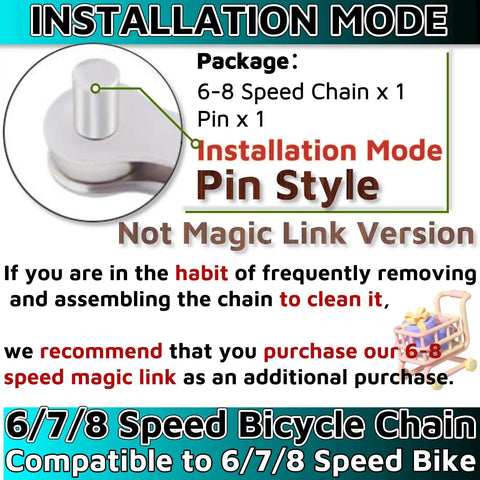 Durable 6/7/8 Speed Bicycle Chain 1/2 Inch By 3/32 Inch, 116 Links, Pin-Style Install Instructions, Package Details Visible