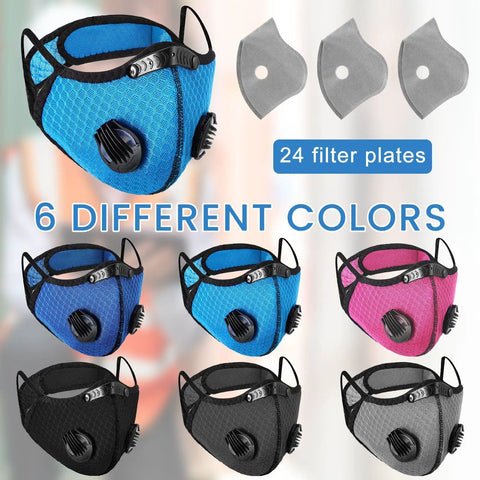 Pro Grade Six Pack Breathable Dust Mask With Adjustable Straps And 24 Activated Carbon Filters in six colors on display.