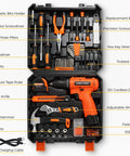 Slick Heavy Duty 152 Piece Tool Set With 12V Cordless Drill And Portable Carry Case, tools and accessories organized.