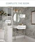 Bathroom with Banbury 22.75 Inch Glass Shelf in Brushed Nickel, vanity shelf, mirror, two-handle faucet, and floral wallpaper