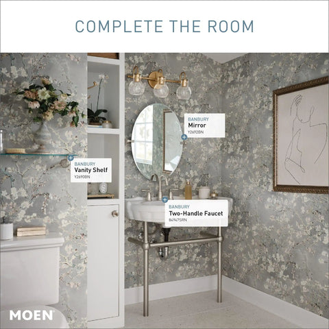 Bathroom with Banbury 22.75 Inch Glass Shelf in Brushed Nickel, vanity shelf, mirror, two-handle faucet, and floral wallpaper