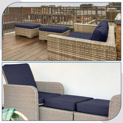 Navy Blue Outdoor Ottoman Cushions 2 Pack 23 Inch By 19 Inch By 3 Inch Waterproof Fade Resistant Removable Patio Cushions With Adjustable Straps For Stools So You Can Kick Back In Comfort.