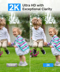 Comparison of 1080p and 2K clarity with two children playing, showcasing the Outdoor Wireless Security Camera with 600 Lumen Spotlight Solar Powered Battery Pack 2K Color Night Vision 12600mAh Battery 16GB Free Local Storage 2 4GHz WiFi All Weather Surveillance.