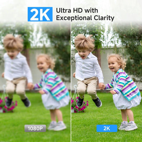 Comparison of 1080p and 2K clarity with two children playing, showcasing the Outdoor Wireless Security Camera with 600 Lumen Spotlight Solar Powered Battery Pack 2K Color Night Vision 12600mAh Battery 16GB Free Local Storage 2 4GHz WiFi All Weather Surveillance.