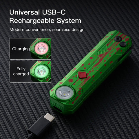 EDC Folding Pocket Knife With Rechargeable Flashlight 2 In 1 Button Lock D2 Steel Blade in Zombie Green charging