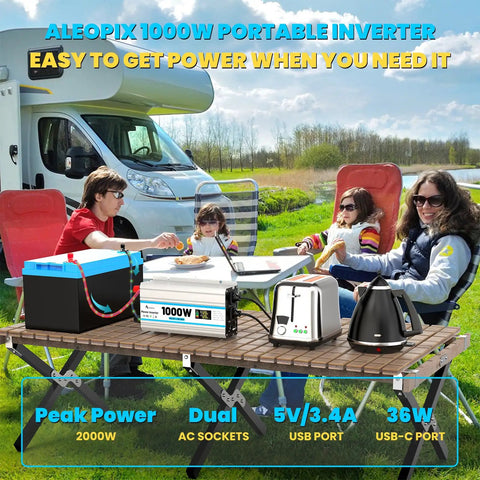 1000 Watt Car Power Inverter Flips 12 Volt Battery Juice Straight Into 110 Volt Wall Outlet Power with kitchen appliances outdoors.