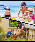 Compact Mini Shovel With Fiberglass Handle For Garden And Camp Use 28 Inches next to beach and garden activity scenes.