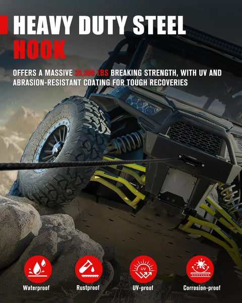 ATV using Beefed Up 8500Lbs 50 Feet 3 16 Inch Synthetic Winch Rope Kit With Forged Hook And Fairlead Off Road Recovery