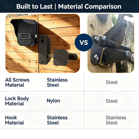 Material comparison image for Smooth Operator OneHand PopUp Gate Latch with stainless steel and nylon components.