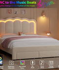 Full Size Beige Velvet Platform Bed Frame With Soft Led Lighting And Dual Gliding Storage Drawers Plus Adjustable Wavy Headboard Built In Charging Ports And Sturdy Wood Slats For Legit Comfy Sleep Zero Box Spring Hassle with illuminated headboard displaying soft LED lights and decorative bedding