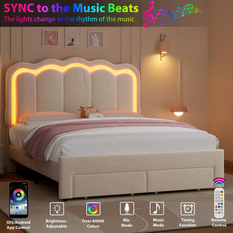 Full Size Beige Velvet Platform Bed Frame With Soft Led Lighting And Dual Gliding Storage Drawers Plus Adjustable Wavy Headboard Built In Charging Ports And Sturdy Wood Slats For Legit Comfy Sleep Zero Box Spring Hassle with illuminated headboard displaying soft LED lights and decorative bedding
