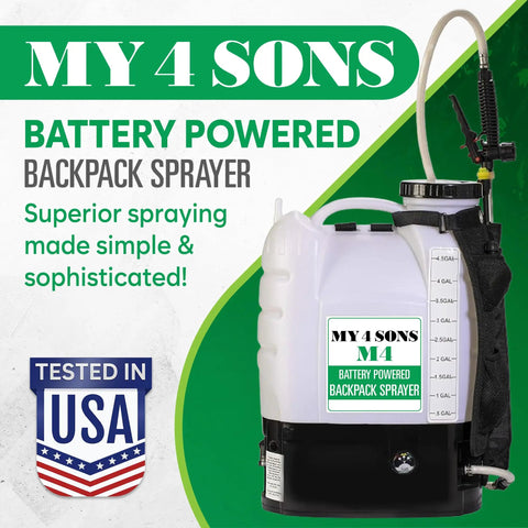 4-Gallon Backpack Sprayer For Lawn And Garden with text 'My 4 Sons', Battery Powered Electric Sprayer, Portable Milwaukee Compatible