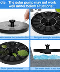 Sun Powered Water Fountain Pump For Ponds, Bird Baths And Gardens, 1W Solar Fountain with auto start and usage warnings.