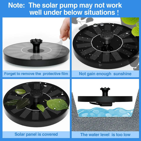 Floating Solar Fountain Pump For Bird Bath And Pond, Self Running 1.4W Solar Water Pump with instructions and tips diagram