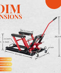 Motorcycle Lift Jack With Wheels 1500 Lbs Hydraulic Dirt Bike Scissor Lift With Handle And Foot Pedal, side view with dimensions