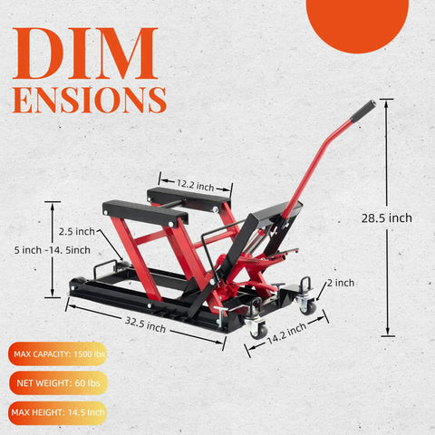 Motorcycle Lift Jack With Wheels 1500 Lbs Hydraulic Dirt Bike Scissor Lift With Handle And Foot Pedal, side view with dimensions