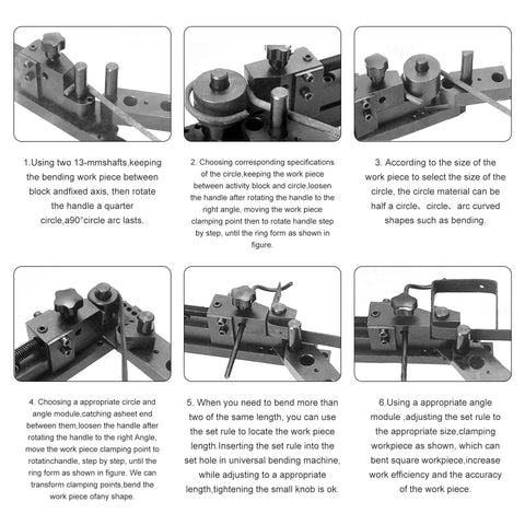WINMAX manual mounting mini universal bending bender for wire, flat metal and tubing; six-panel instructional diagram.