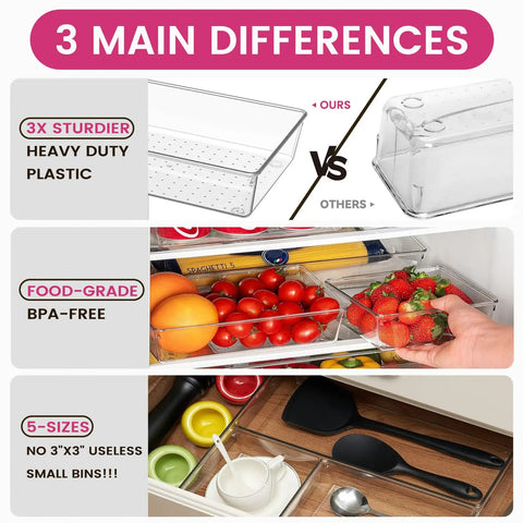 Comparison showing Big 26 Pack Drawer Organizer Bins In Clear Plastic, highlighting durability, food-grade material, and size variety.
