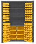 Top Shelf Heavy Duty Steel Bin Cabinet With 102 Hook On Bins, 72 Inch High Parts Organizer showcasing yellow bins and secure locking doors.