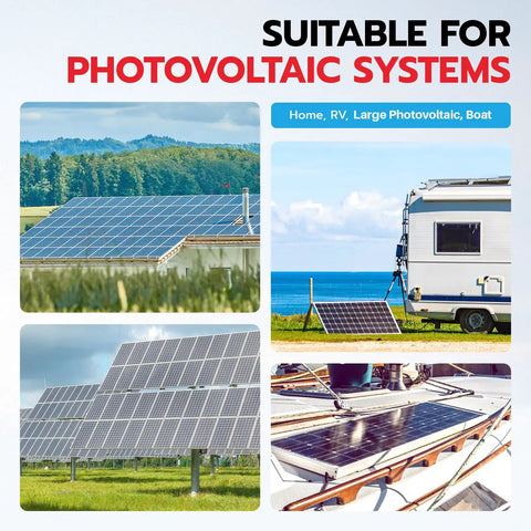 63 Amp DC Solar Disconnect Switch Isolator 1000V For Solar Power Weatherproof RV Breaker Box displayed with solar panels on RV and rooftops.